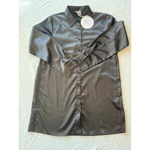 Princess Polly Black Satin‎ Shirt Mini Dress Button Down US 6